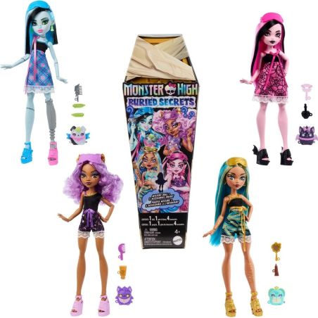 Vier Monster High Puppen mit Zubehör sind um eine sargförmige Buried Secrets Box in der Mitte angeordnet.