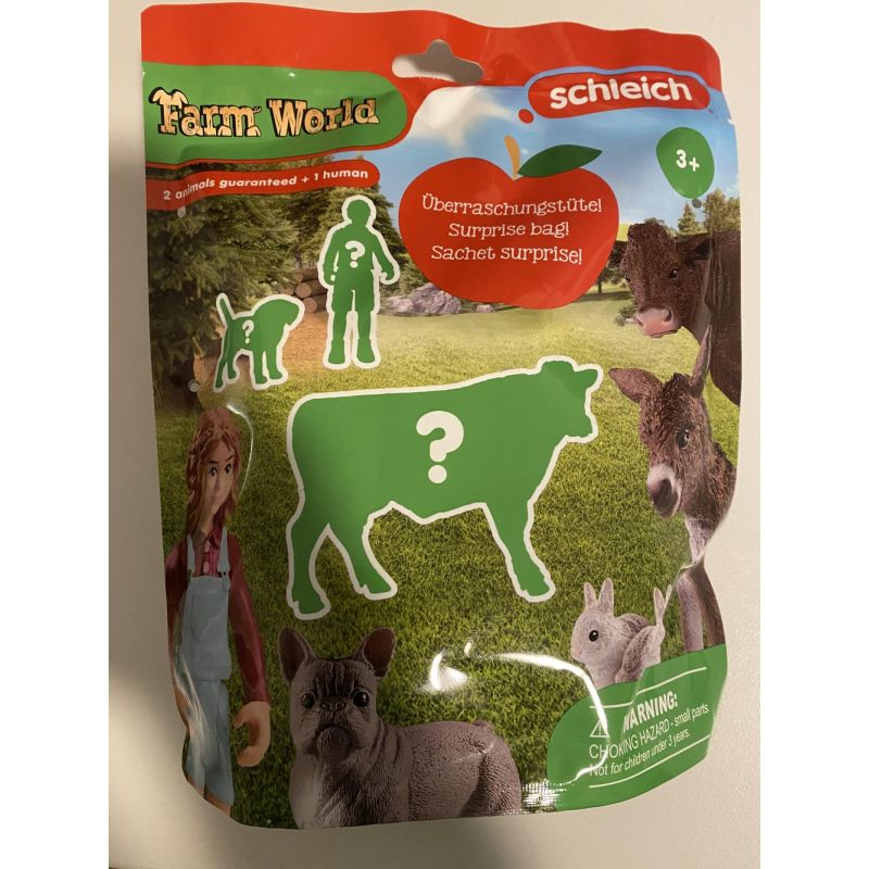 Überraschungstütenverpackung mit Tier- und Menschenfiguren, darunter eine Kuhsilhouette mit Fragezeichen.