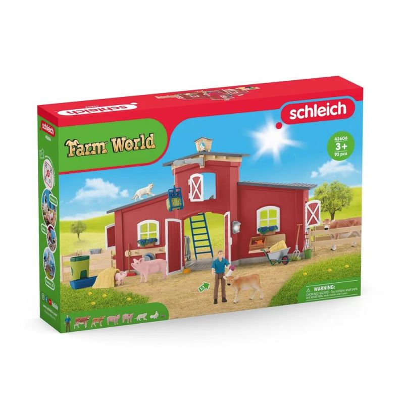 Schleich Farm World Spielset mit roter Scheune, Bauer, Tieren und Zubehör, geeignet ab 3 Jahren.