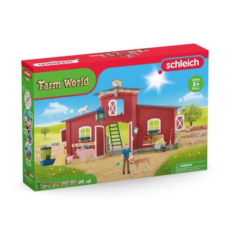 Schleich Farm World Spielset mit roter Scheune, Bauer, Tieren und Zubehör, geeignet ab 3 Jahren.