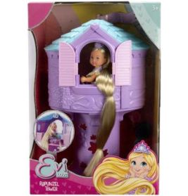 Puppe mit langen blonden Haaren im lila Turm-Spielset, verpackt in einer rosa-weißen Box.