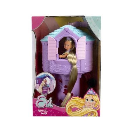 Puppe mit langen blonden Haaren im lila Turm-Spielset, verpackt in einer rosa-weißen Box. Puppe mit langen blonden Haaren im lila Turm-Spielset, verpackt in einer rosa-weißen Box.