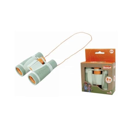 Spielzeugfernglas mit orangen Akzenten und Nackenband neben der Verpackung.