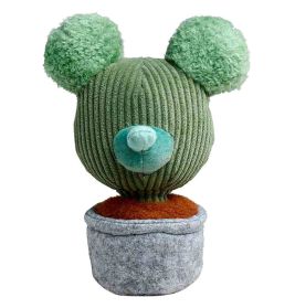 Grüner Kaktus in Bärenkopfform mit flauschigen Ohren, von hinten im grauen Filztopf gesehen.