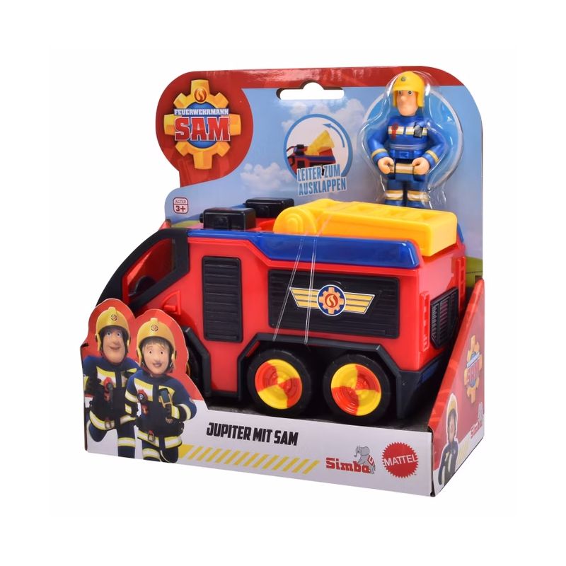 Fireman Sam Spielset mit rotem Feuerwehrauto und Sam-Figur in markentypischer Verpackung. Fireman Sam Spielset mit rotem Feuerwehrauto und Sam-Figur in markentypischer Verpackung.