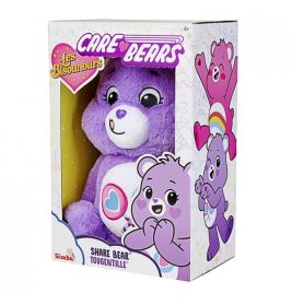 Lila Share Bear Plüschfigur im Karton mit Herz- und Lollisymbolen sowie bunten Illustrationen auf der Verpackung.
