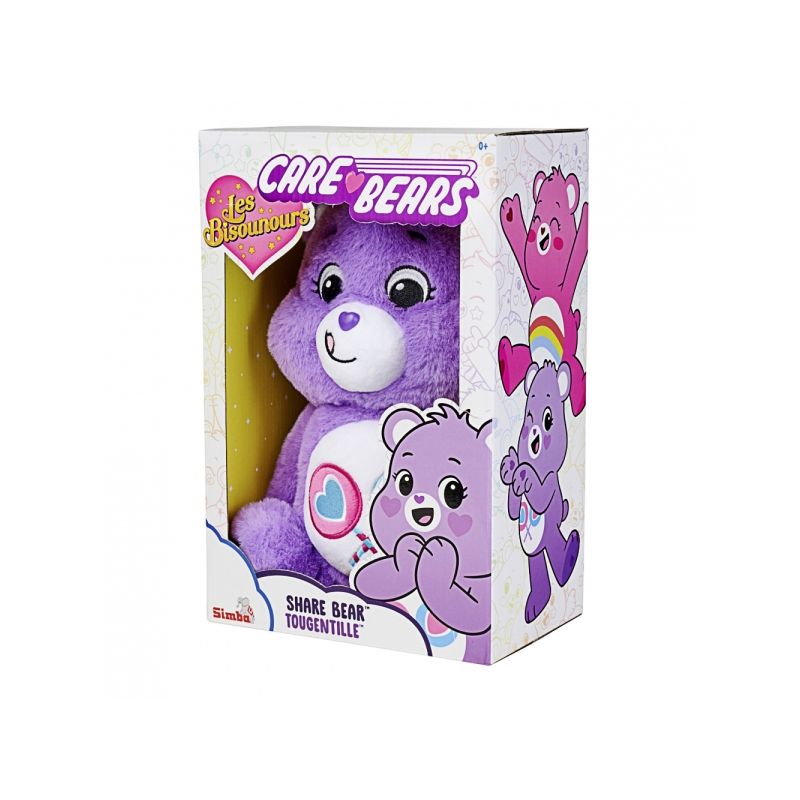 Lila Share Bear Plüschfigur im Karton mit Herz- und Lollisymbolen sowie bunten Illustrationen auf der Verpackung.