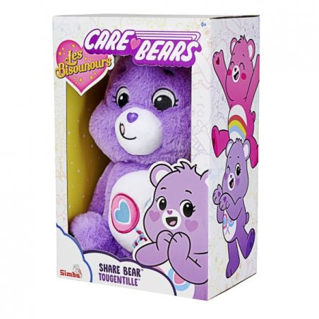 Lila Share Bear Plüschfigur im Karton mit Herz- und Lollisymbolen sowie bunten Illustrationen auf der Verpackung.