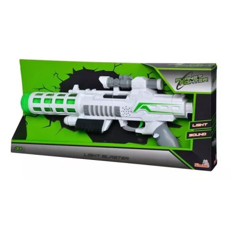 Spielzeug-Lichtblaster in grün-schwarzer Planet Fighter-Box, mit Sound- und Lichteffekten.