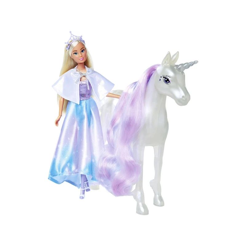 Barbie in glitzerndem Kleid steht neben einem weißen Einhorn mit langer, lilafarbener Mähne. Barbie in glitzerndem Kleid steht neben einem weißen Einhorn mit langer, lilafarbener Mähne.
