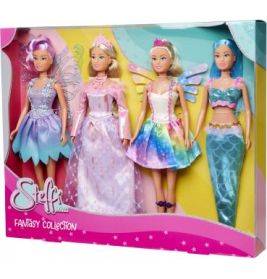 Vier Fantasy-Puppen in bunten Outfits in einer pink-gelben Steffi Fantasy Collection Box.
