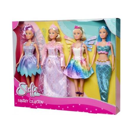 Vier Fantasy-Puppen in bunten Outfits in einer pink-gelben Steffi Fantasy Collection Box.