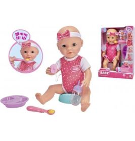 Babypuppe im rosa Outfit mit Stirnband, neben Verpackung und Fütterungszubehör.