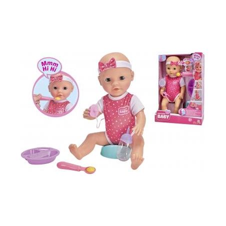 Babypuppe im rosa Outfit mit Stirnband, neben Verpackung und Fütterungszubehör.