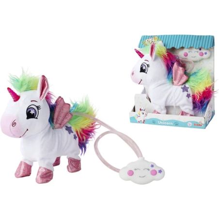 Plüsch-Einhorn mit Regenbogenmähne, rosa Flügeln und Wolkenleine, abgebildet mit Verpackung.
