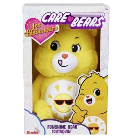 Care Bears Funshine Bear Plüschfigur mit Sonne und Sonnenbrille auf dem Bauch in einer Box.