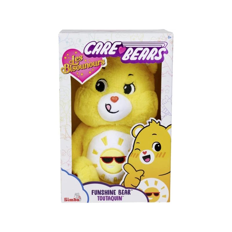 Care Bears Funshine Bear Plüschfigur mit Sonne und Sonnenbrille auf dem Bauch in einer Box.