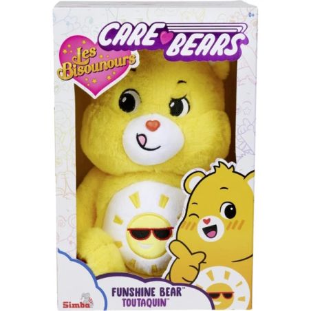 Care Bears Funshine Bear Plüschfigur mit Sonne und Sonnenbrille auf dem Bauch in einer Box.