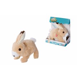 Plüschiges, hellbraunes Kaninchen mit weißem Schwanz, einzeln und in bunter Verpackung abgebildet.
