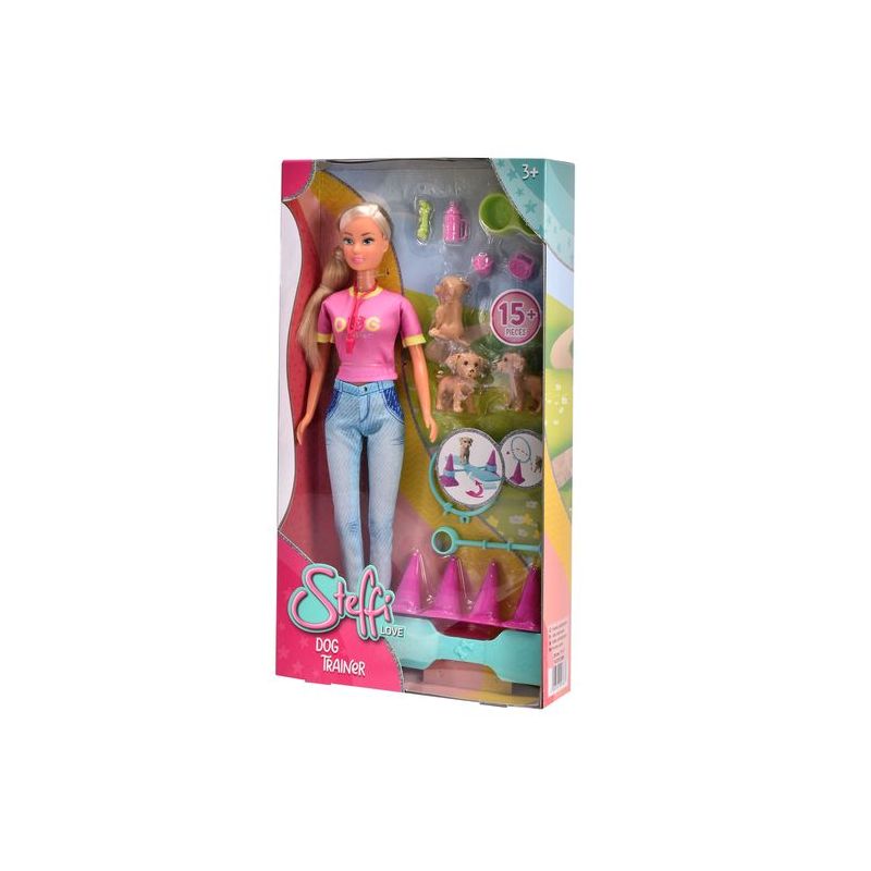 Steffi Love Hundetrainer-Puppenset in Verpackung mit Hundefiguren und Trainingszubehör sichtbar.