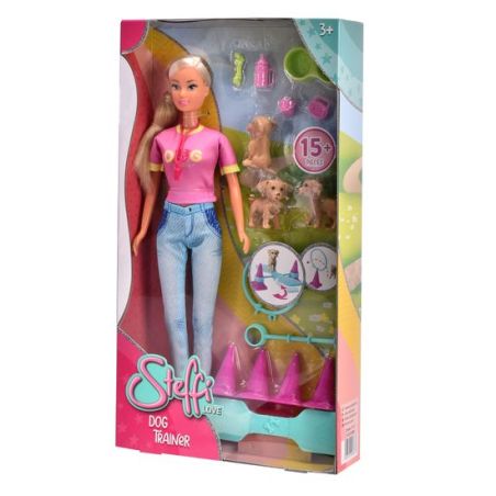 Steffi Love Hundetrainer-Puppenset in Verpackung mit Hundefiguren und Trainingszubehör sichtbar.
