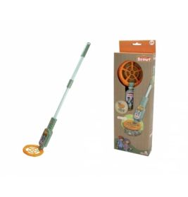 Kindermetalldetektor mit orangener Spule und Teleskopgriff, neben der Verpackung abgebildet.