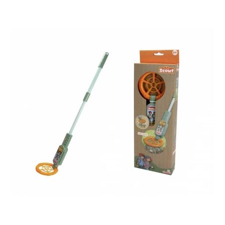 Kindermetalldetektor mit orangener Spule und Teleskopgriff, neben der Verpackung abgebildet.