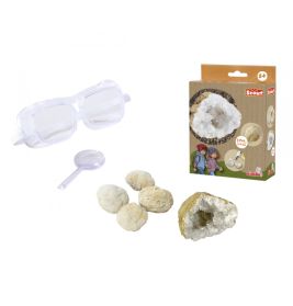 Geologie-Set für Kinder mit Schutzbrille, Lupe, Steinen und Box mit sichtbaren Geodenkristallen.