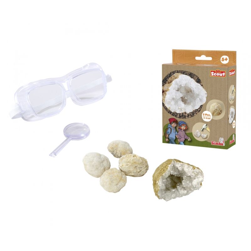 Geologie-Set für Kinder mit Schutzbrille, Lupe, Steinen und Box mit sichtbaren Geodenkristallen.