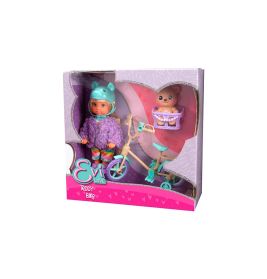 Puppe im lila Bärenanzug mit Helm, Teddy im Korb und türkisfarbenem Fahrrad in einer Schachtel.