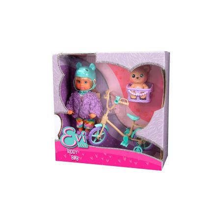 Puppe im lila Bärenanzug mit Helm, Teddy im Korb und türkisfarbenem Fahrrad in einer Schachtel.