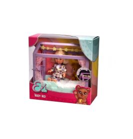 Evi Love Puppenset mit Teddybär und Bett in bunter Verpackung, geeignet für Kinder ab 3 Jahren.
