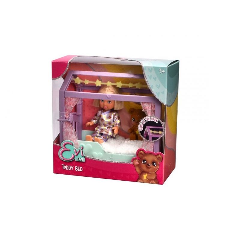 Evi Love Puppenset mit Teddybär und Bett in bunter Verpackung, geeignet für Kinder ab 3 Jahren. Evi Love Puppenset mit Teddybär und Bett in bunter Verpackung, geeignet für Kinder ab 3 Jahren.