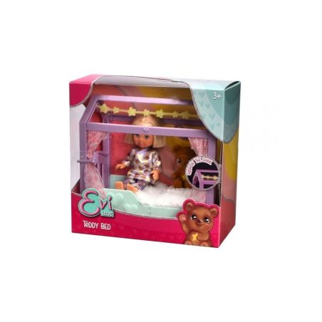 Evi Love Puppenset mit Teddybär und Bett in bunter Verpackung, geeignet für Kinder ab 3 Jahren. Evi Love Puppenset mit Teddybär und Bett in bunter Verpackung, geeignet für Kinder ab 3 Jahren.