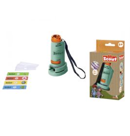 Grünes Kinder-Mikroskop mit Objektträgern, Linsenkappen und Verpackung auf weißem Hintergrund.