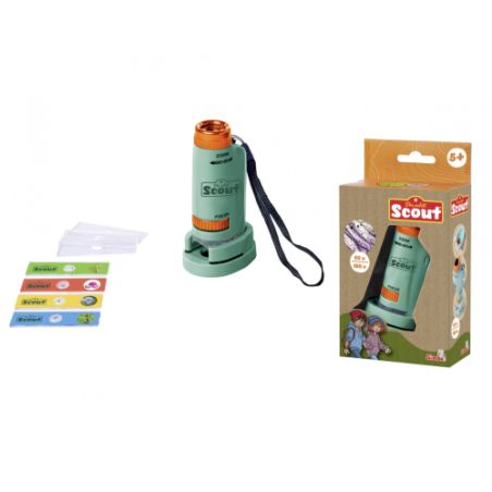 Grünes Kinder-Mikroskop mit Objektträgern, Linsenkappen und Verpackung auf weißem Hintergrund.