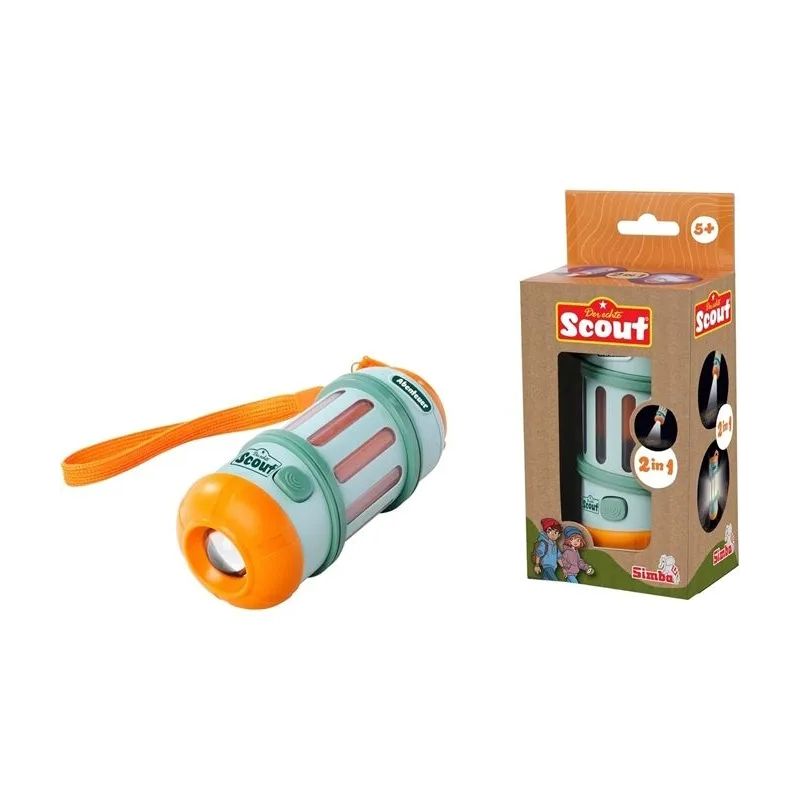 Kindertaschenlampe mit orangefarbenem Band neben der Scout-Verpackung, empfohlen ab 5 Jahren.