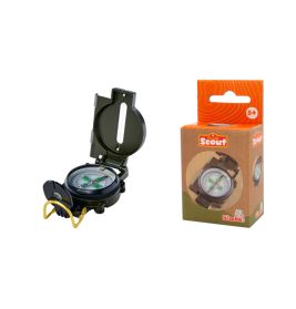 Ein schwarzer Kompass mit Deckel liegt neben seiner orange-braunen Verpackung mit der Aufschrift Scout.