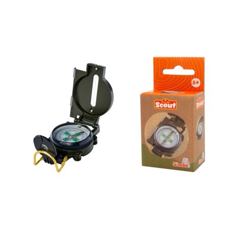 Ein schwarzer Kompass mit Deckel liegt neben seiner orange-braunen Verpackung mit der Aufschrift Scout.