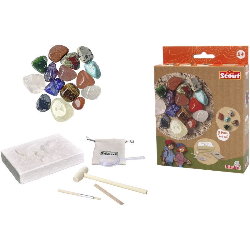 Edelstein-Ausgrabungsset für Kinder mit Werkzeug, Beutel, bunten Steinen und Verpackung abgebildet.