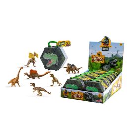 Auslage mit Dinosaurierspielsets in Koffern, einige Dinosaurierfiguren sind davor platziert.