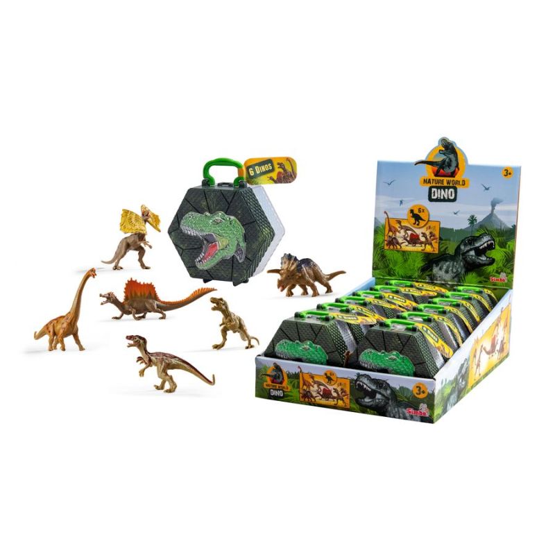 Auslage mit Dinosaurierspielsets in Koffern, einige Dinosaurierfiguren sind davor platziert.