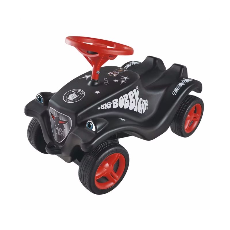 Schwarzes Kinderfahrzeug mit roten Rädern und Lenkrad, weißen Grafiken und BIG BOBBY CAR Schriftzug.