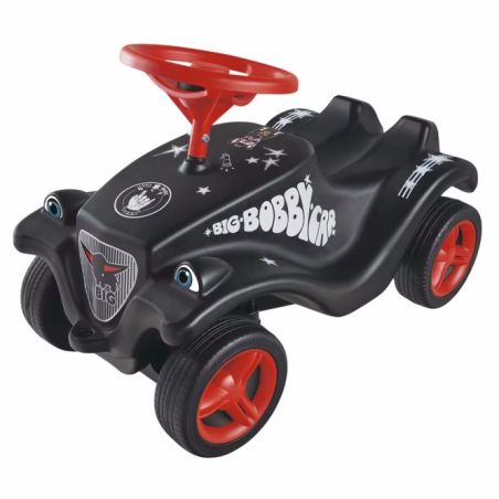 Schwarzes Kinderfahrzeug mit roten Rädern und Lenkrad, weißen Grafiken und BIG BOBBY CAR Schriftzug.