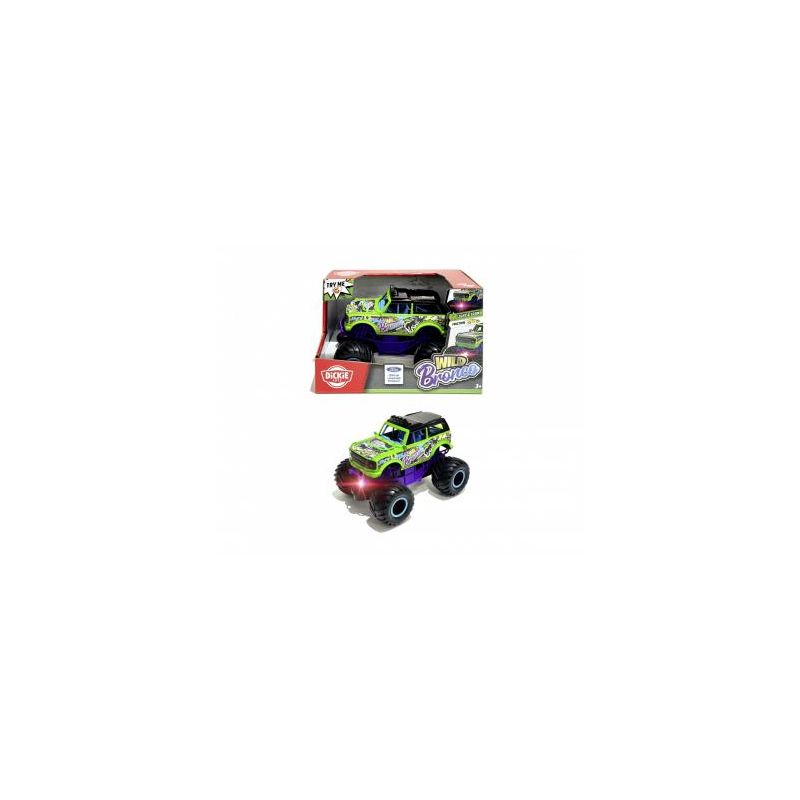 Spielzeug-Monstertruck in Grün und Lila neben der Verpackung mit der Aufschrift Wild Braker. Spielzeug-Monstertruck in Grün und Lila neben der Verpackung mit der Aufschrift Wild Braker.