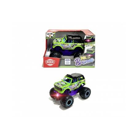 Spielzeug-Monstertruck in Grün und Lila neben der Verpackung mit der Aufschrift Wild Braker.