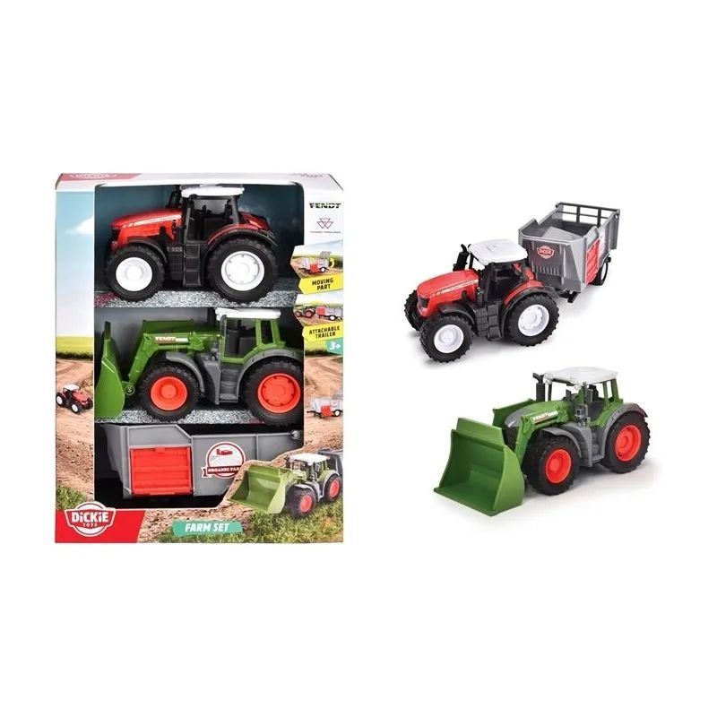 Drei Spielzeug-Fahrzeuge: zwei rote Traktoren mit Anhängern und ein grüner Lader, einzeln und verpackt gezeigt. Drei Spielzeug-Fahrzeuge: zwei rote Traktoren mit Anhängern und ein grüner Lader, einzeln und verpackt gezeigt.