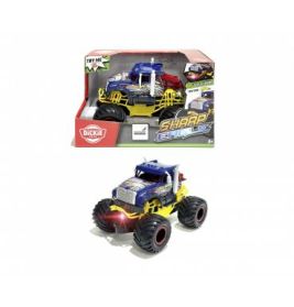 Spielzeug-Monstertruck mit großen Rädern vor Verpackung, beide in Blau und Gelb gestaltet.