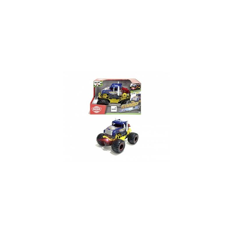 Spielzeug-Monstertruck mit großen Rädern vor Verpackung, beide in Blau und Gelb gestaltet. Spielzeug-Monstertruck mit großen Rädern vor Verpackung, beide in Blau und Gelb gestaltet.