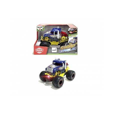 Spielzeug-Monstertruck mit großen Rädern vor Verpackung, beide in Blau und Gelb gestaltet. Spielzeug-Monstertruck mit großen Rädern vor Verpackung, beide in Blau und Gelb gestaltet.